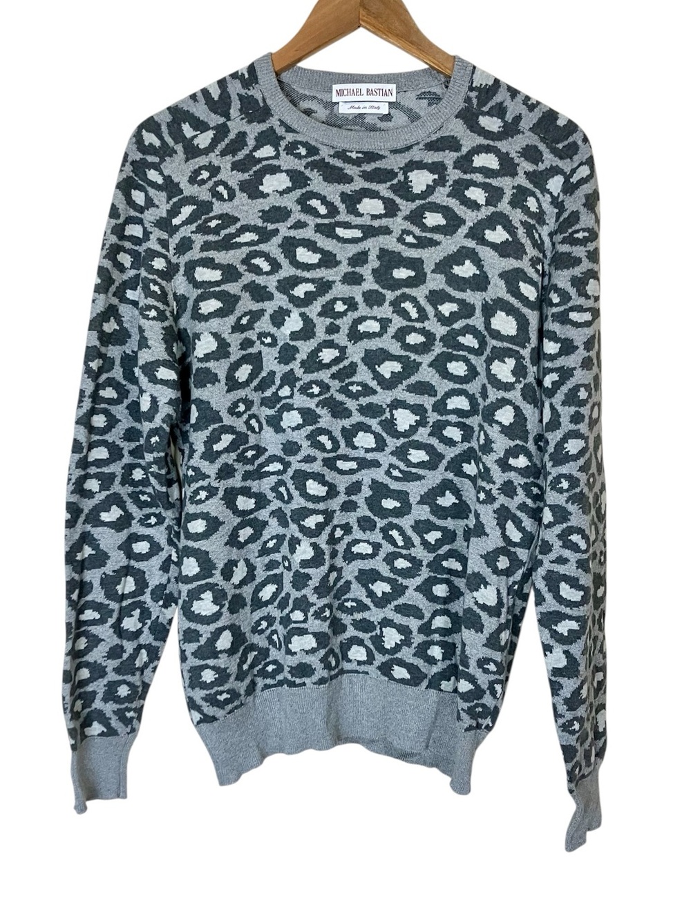 Michael Bastian Cotton Gray Leopard Print Crew Neck Italian Sweater Size 52 US L
